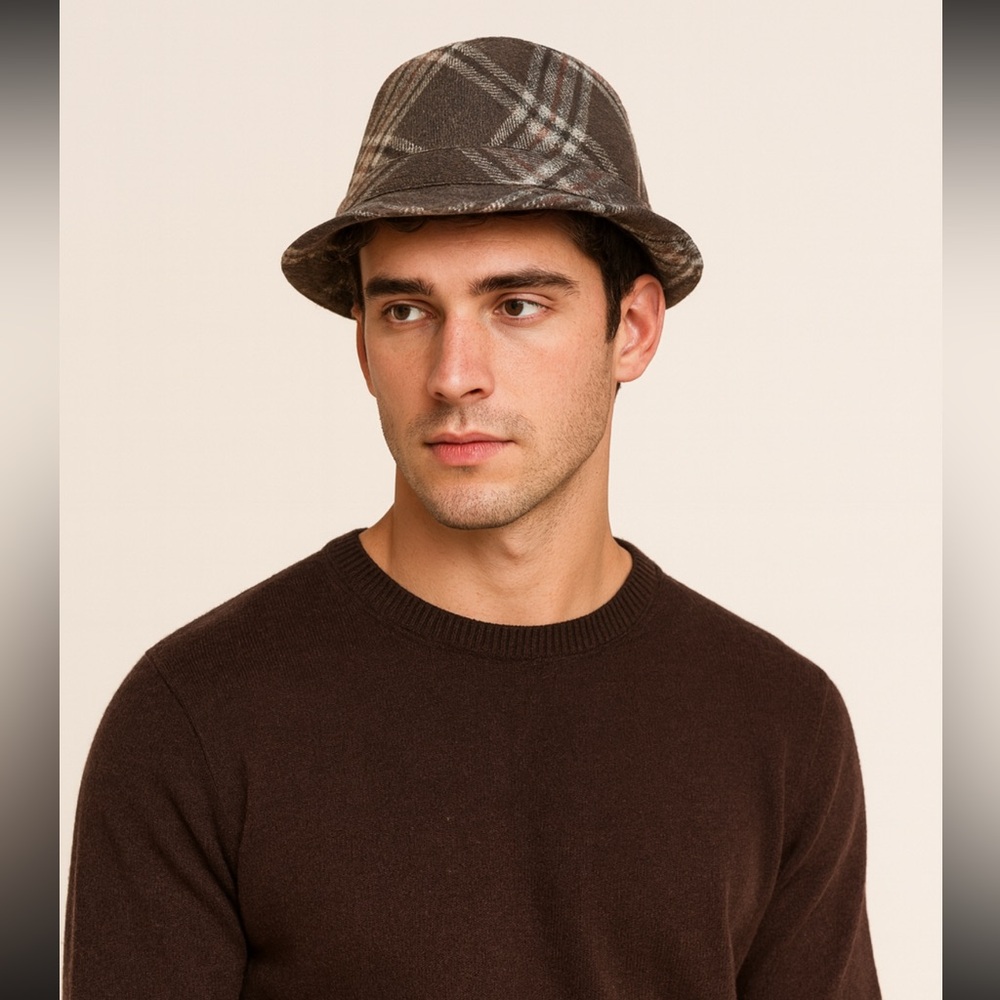 Vintage Milani Brown Plaid Wool Blend Fedora Hat EUC